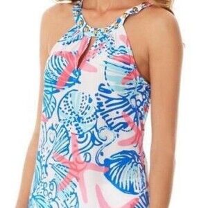 LILLY PULITZER Rogan She Sells Shells Silk Halter Top Women XS Stud Beach Resort